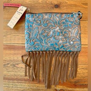 Justin | Western Leather Fringe | Wristlet or Shoulder Bag | Turquoise and Brown
